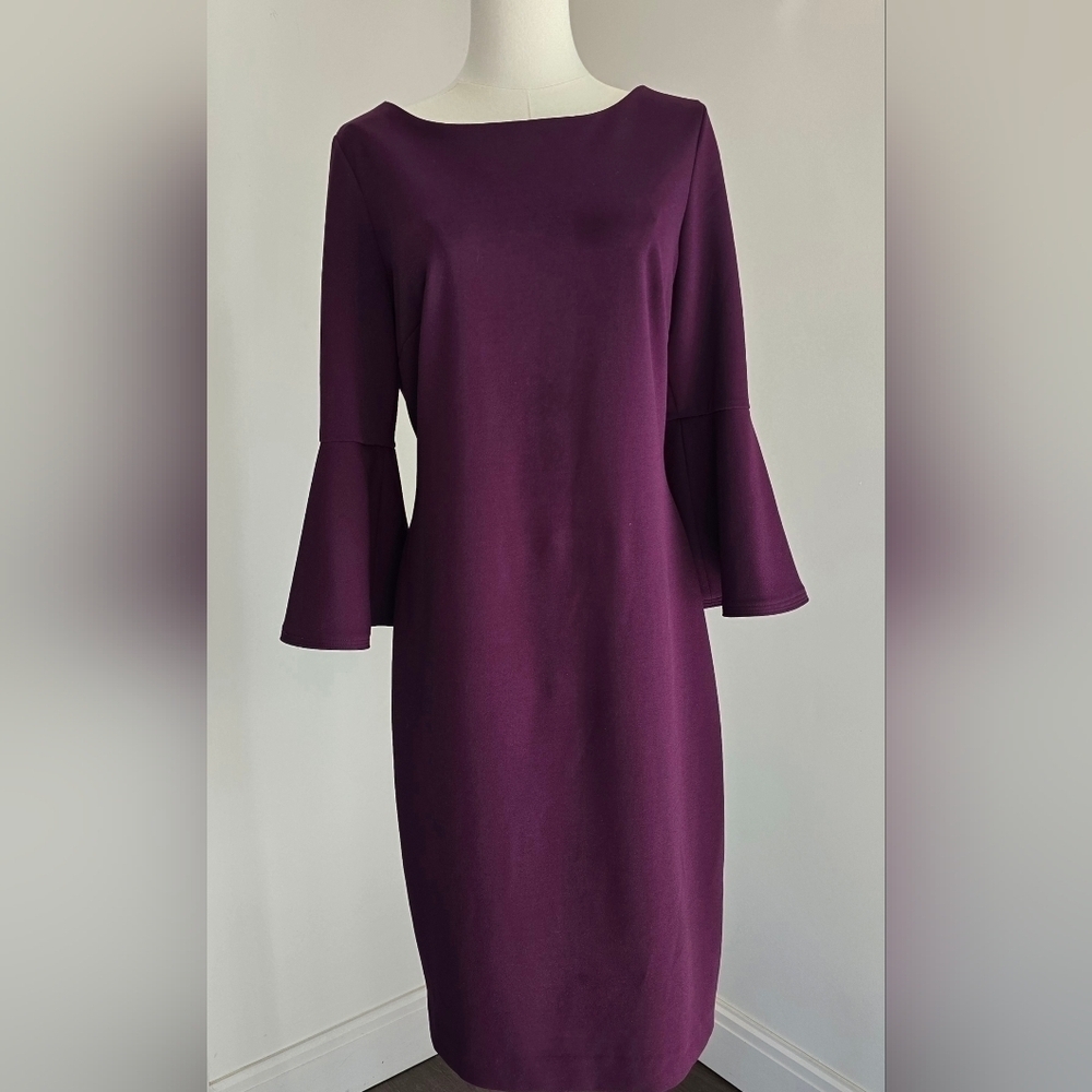 Calvin Klein Purple Sheath Dress Three-Quarter Ruffle Sleeve Boat Neck Sz. 10